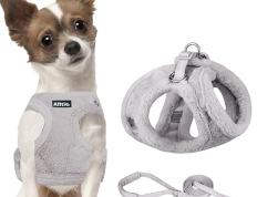 AIITLE软绒宠物犬背带和牵引绳套装 - 宠物供应无拽、可调节的保暖犬背带背心，适合秋冬季，适合中大型犬，灰色 L 