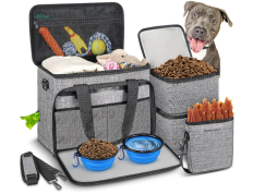 6件装狗狗出行套装，大容量宠物旅行袋，包括2个食物容器、1个狗狗用品整理袋、2个可折叠碗、1个零食袋，适用于狗狗周末短途旅行，灰色宠物行李袋 