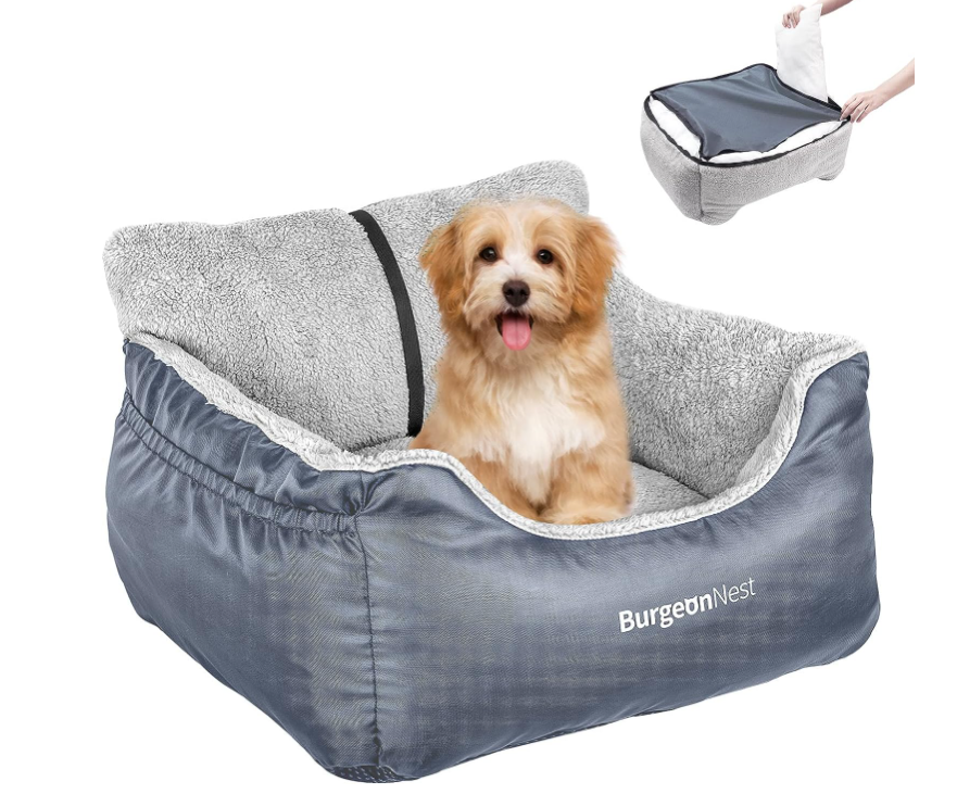 BurgeonNest 小型犬用汽车座椅，适用于25磅以下的小宠物，可清洗的柔软犬犬升降座椅，带有储物袋和夹子式牵引绳的便携犬犬车床